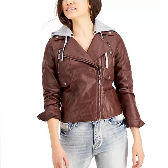 Faux-Leather Hoodie Moto Jacket, Sz Large, Extra Large Run Small - Picture 2 of 4